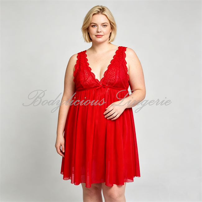 320N-Red-2 Red Plus Size Lace Babydoll Nightie - V-Neck Sheer Mesh Lingerie Dress for Women South Africa by Bodylicious Lingerie