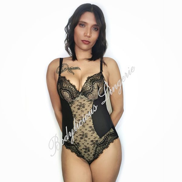 Padded Bodysuit with Lace Inset-Black&Beige