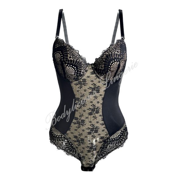 Padded Bodysuit with Lace Inset-Black&Beige