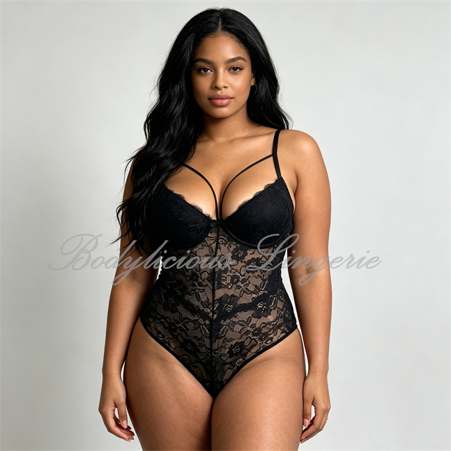 Black Plus Size Lace Bodysuit (Front View) with Deep V-Neck & Underwire Support by Bodylicious Lingerie