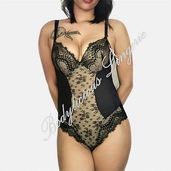 Padded Bodysuit with Lace Inset-Black&Beige
