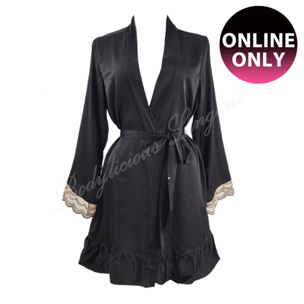 Black Ruffled Satin Robe With Lace