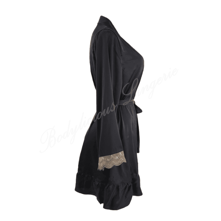 Black Ruffled Satin Robe With Lace