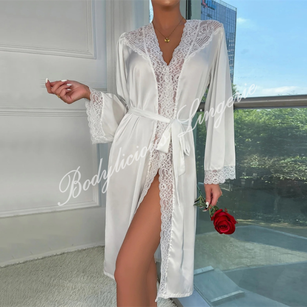 White Satin Long Gown With Lace