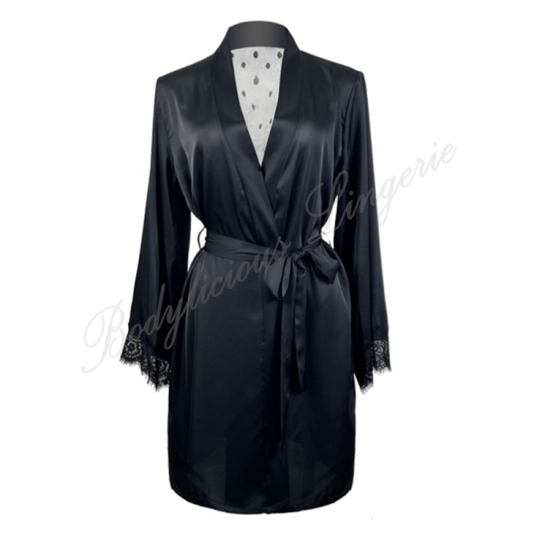 Satin Robe with Sheer Dot Back and Lace Cuffs