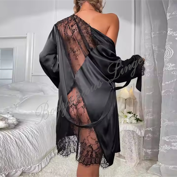 Black Satin Robe with Floral Back Back Detail
