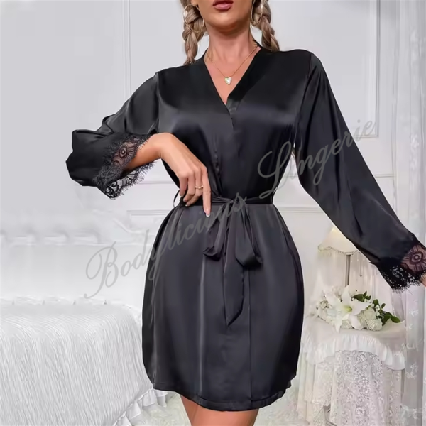 Black Satin Robe with Floral Back Back Detail