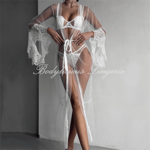 Sheer Lace Trim Long Robe with Tie Waist