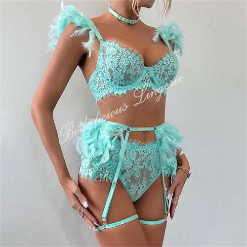 Feather Sheer Floral lace Set With Garter Belt