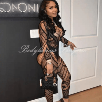 Sheer Fishnet Full-Body Bodysuit with Geometric Lace