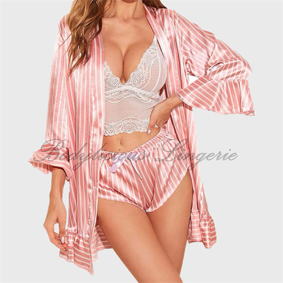Pink Stripes Satin Lounge 3pcs Set