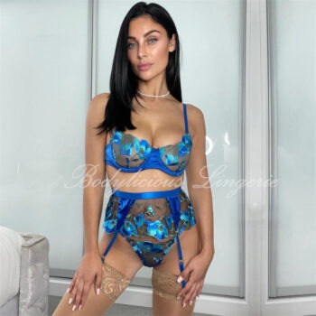 Blue Floral Embroidery Sheer 3pcs Set