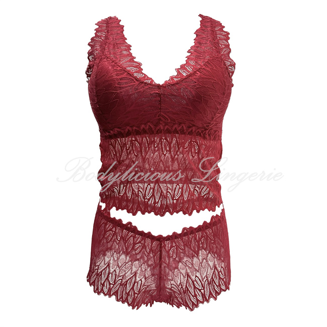 Lace Lingerie Top & Short Set-LS271-Maroon