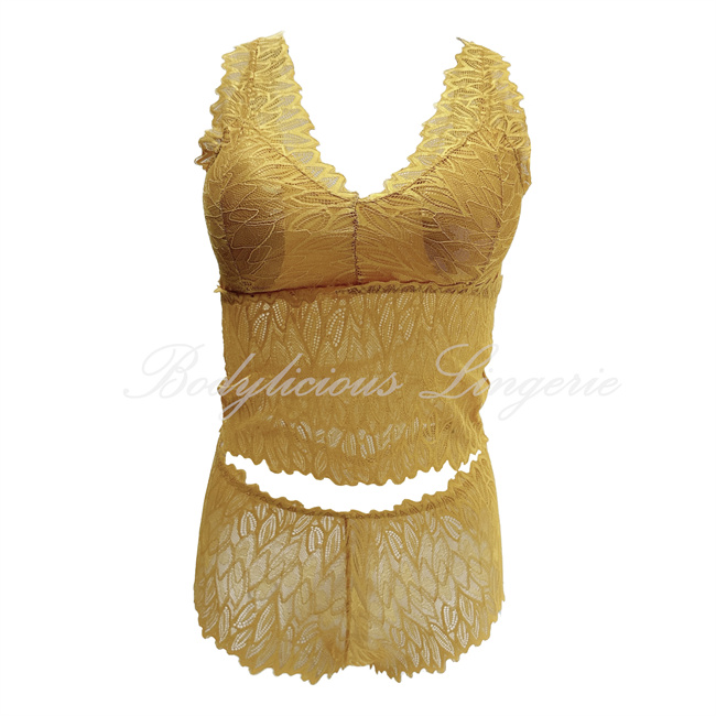 Lace Lingerie Top & Short Set-LS271-Mustard