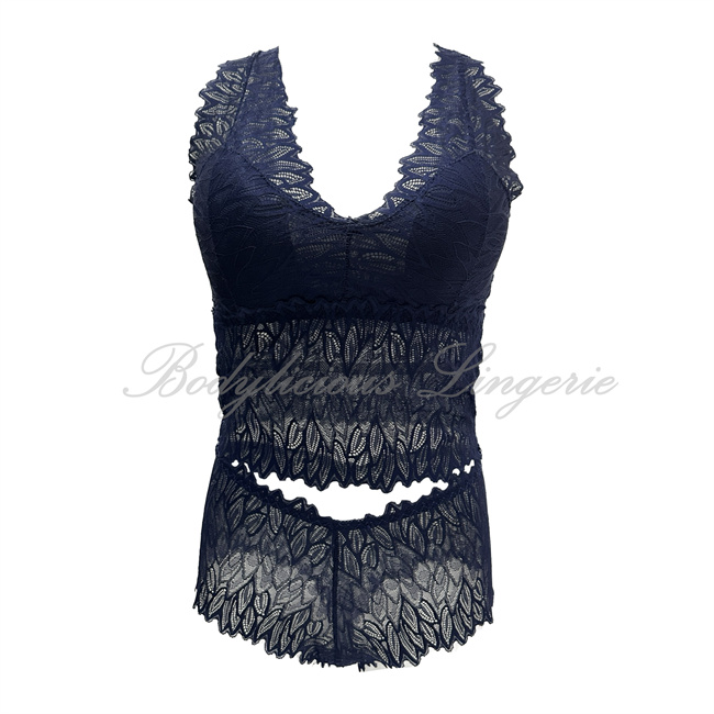 Lace Lingerie Top & Short Set-LS271-Navy