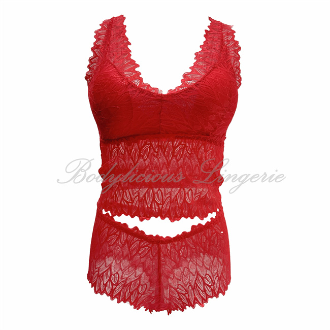 Lace Lingerie Top & Short Set-LS271-Red