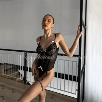 Black Lace Bodysuit with Pink Bow Accents