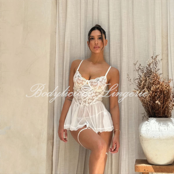 Floral Lace Babydoll 4pcs Set With Stocking