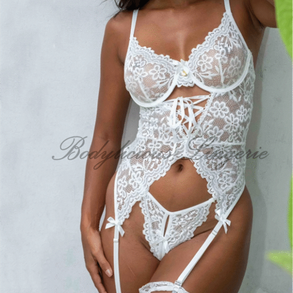 White Floral Lace Corset Lingerie Set