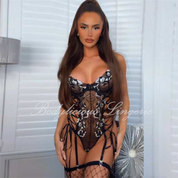 Floral Lace Corset Bodysuit with Stocking