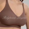 8895B-brown-2 8895B-brown-2:Close-up front view of solid brown stretch wireless v-neck comfort bra