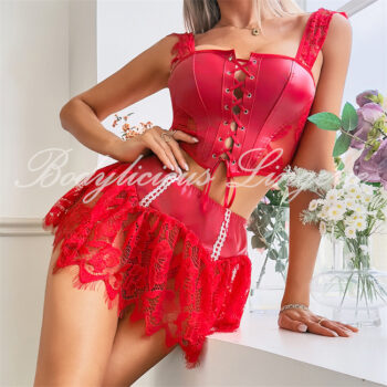 Faux Leather Satin Lace Corset Skirt Set