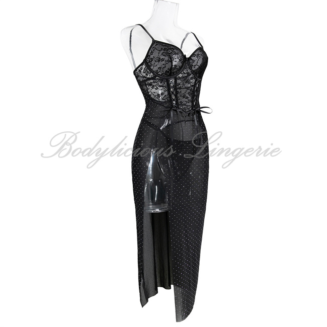 Black Corset Maxi Lingerie - Lace & Rhinestone Detail by Bodylicious Lingerie
