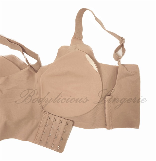 8808D-Nude-1 8808D-Nude-1:Back view of nude full figure wireless bra with adjustable wide shoulder straps