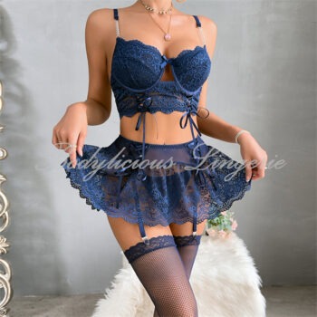 Navy Floral Lace Garter Lingerie Set