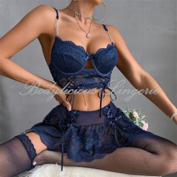 Navy Floral Lace Garter Lingerie Set