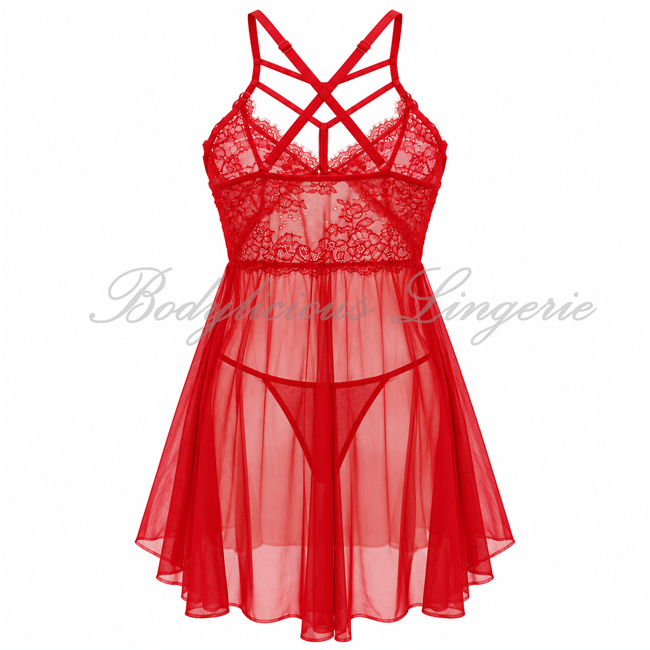 2303N-Red-Back Lace Babydoll 2303N Red Back