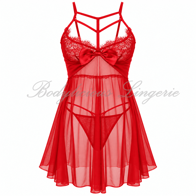 2303N-Red Lace Babydoll Lingerie Set 2303N Red Front