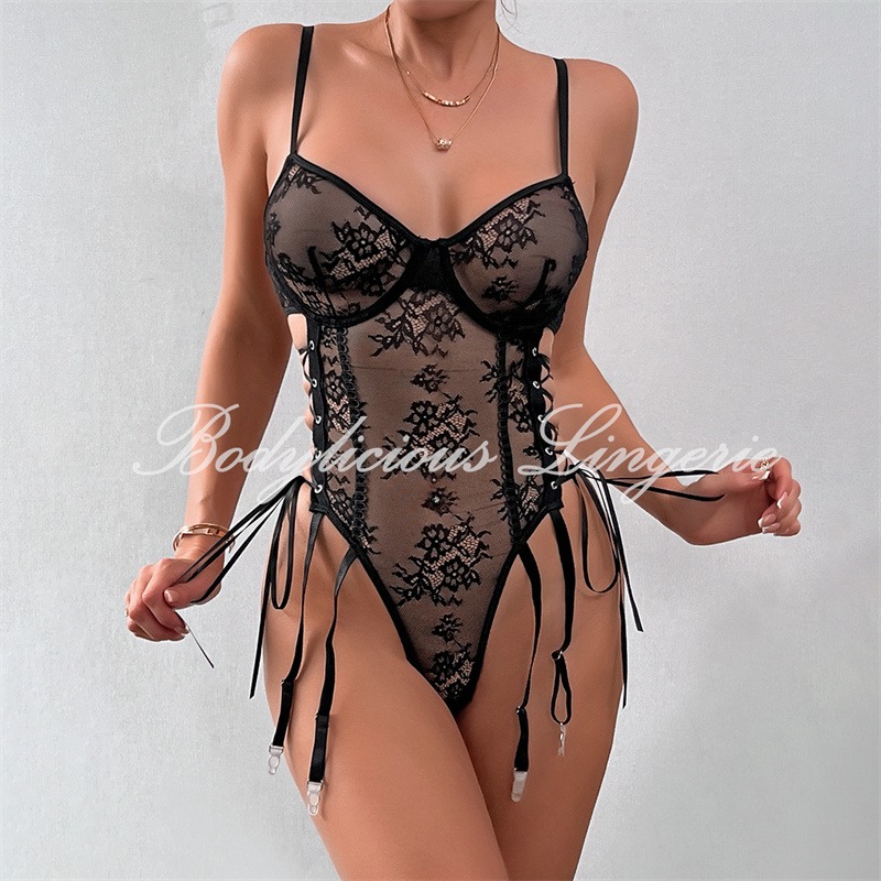 Floral Mesh Teddy Black Side Tie Detail